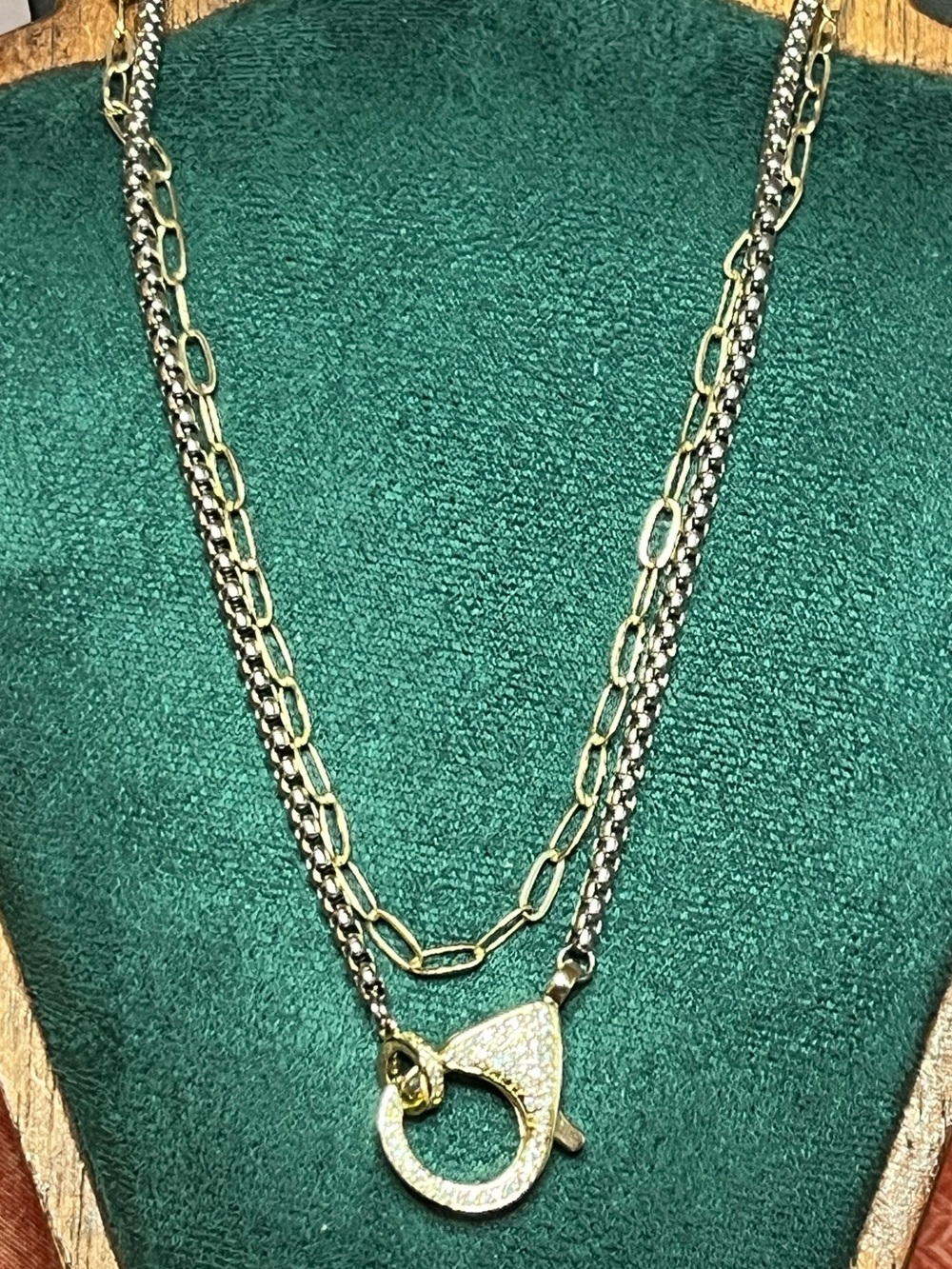 Gold & Silver Double Chain Necklace w/Pave Carabiner (Functional!)